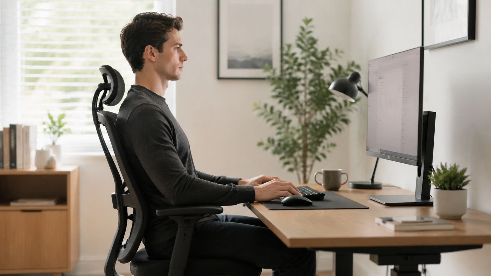 En mand sidder i en ergonomisk kontorstol ved et skrivebord og arbejder fokuseret på sin computer.