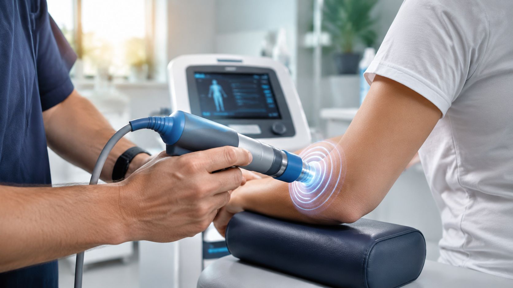 En fysioterapeut giver chokbølgebehandling til en patients albue i en moderne klinik for lindring af smerter.