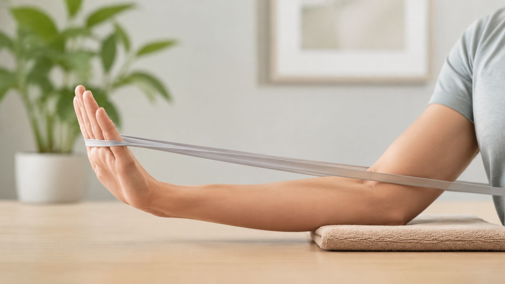 En person laver en fysioterapeutisk øvelse for håndleddet med et elastikbånd for at lindre albuesmerter.