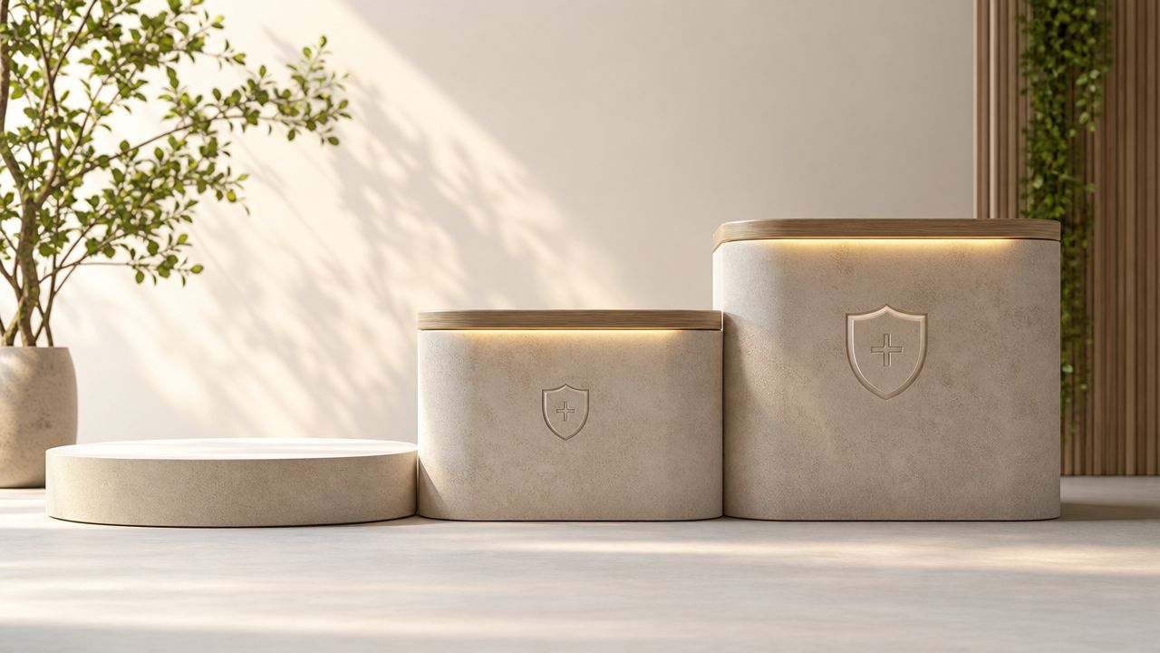 Tre moderne beige podier med diskrete symboler og varm belysning i et roligt, minimalistisk indendørs miljø.