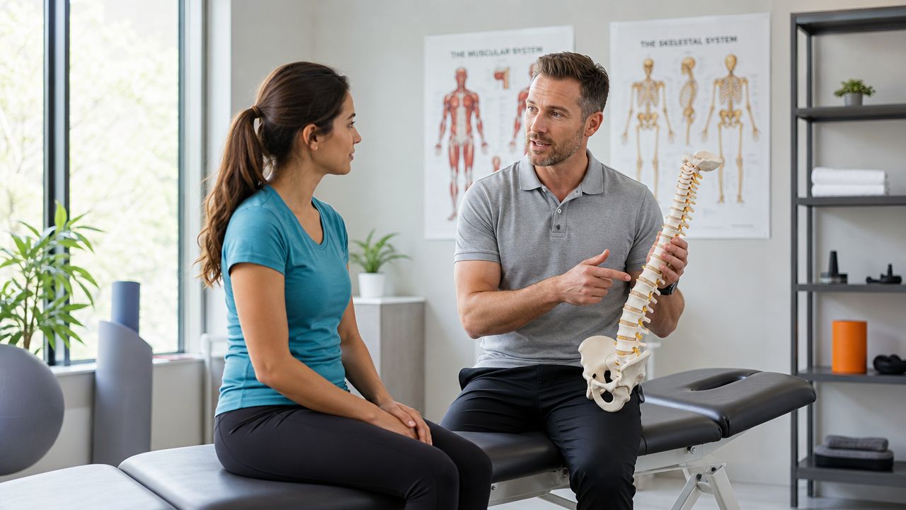 En fysioterapeut forklarer rygsøjlens anatomi til en kvindelig patient ved hjælp af en anatomisk model i klinikken.