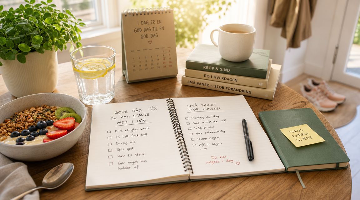 Et velorganiseret skrivebord med morgenmad, en kalender, bøger og en notesbog med gode råd til dagen.