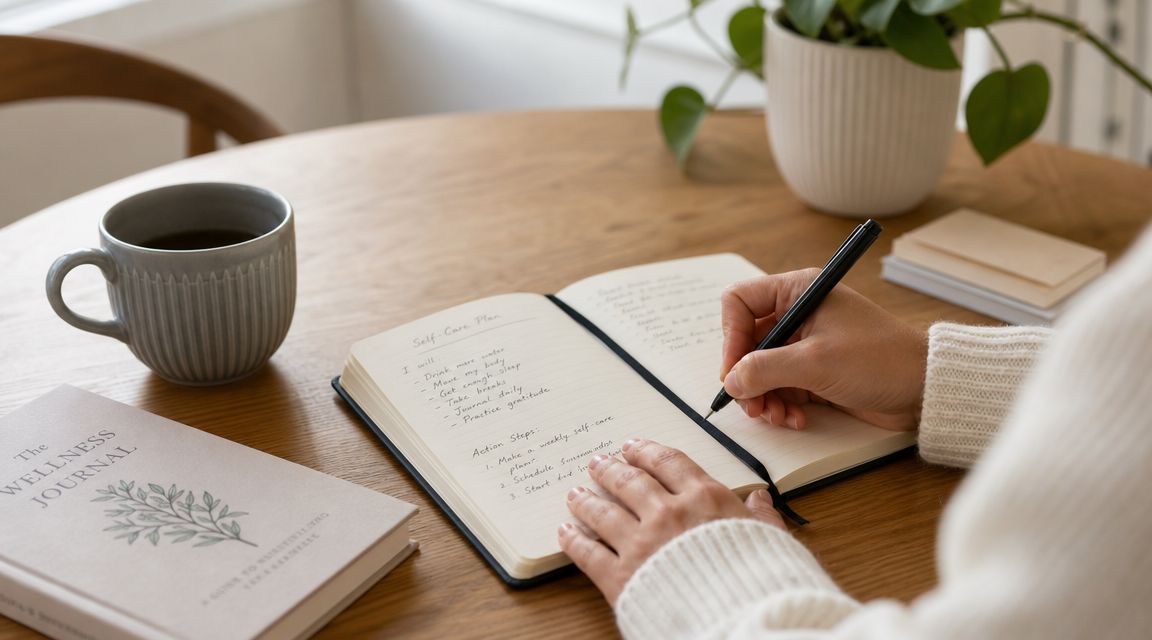 En person skriver i en journal ved et træbord med en kop kaffe og en plante.