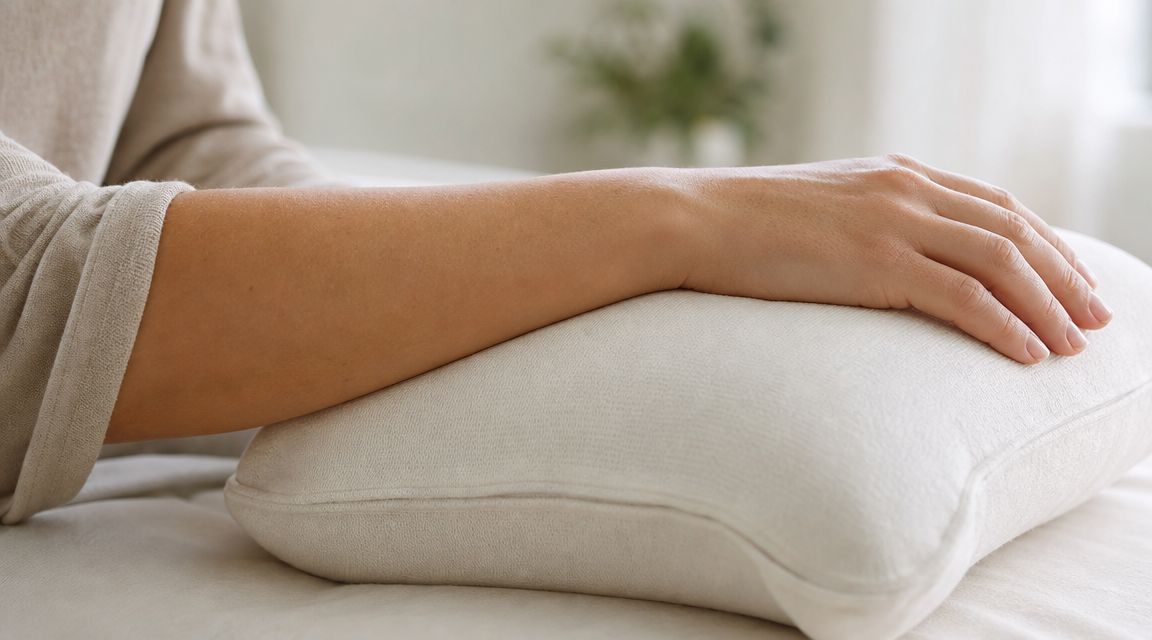 En person hviler sin underarm og hånd på en blød hvid pude for at lindre albue smerter.