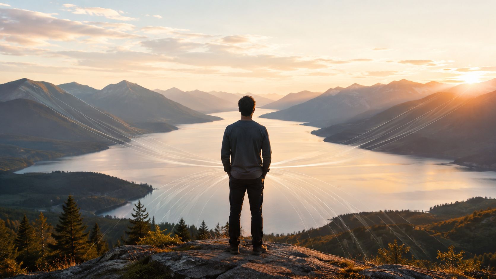 En mand står på en bjergtop og ser ud over en rolig sø under en smuk solnedgang.