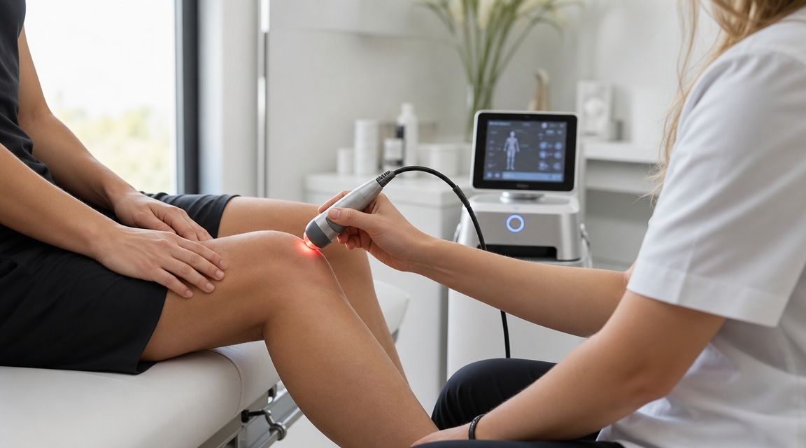 En fysioterapeut behandler en patients knæ med laserterapi for at lindre smerter og fremme heling.