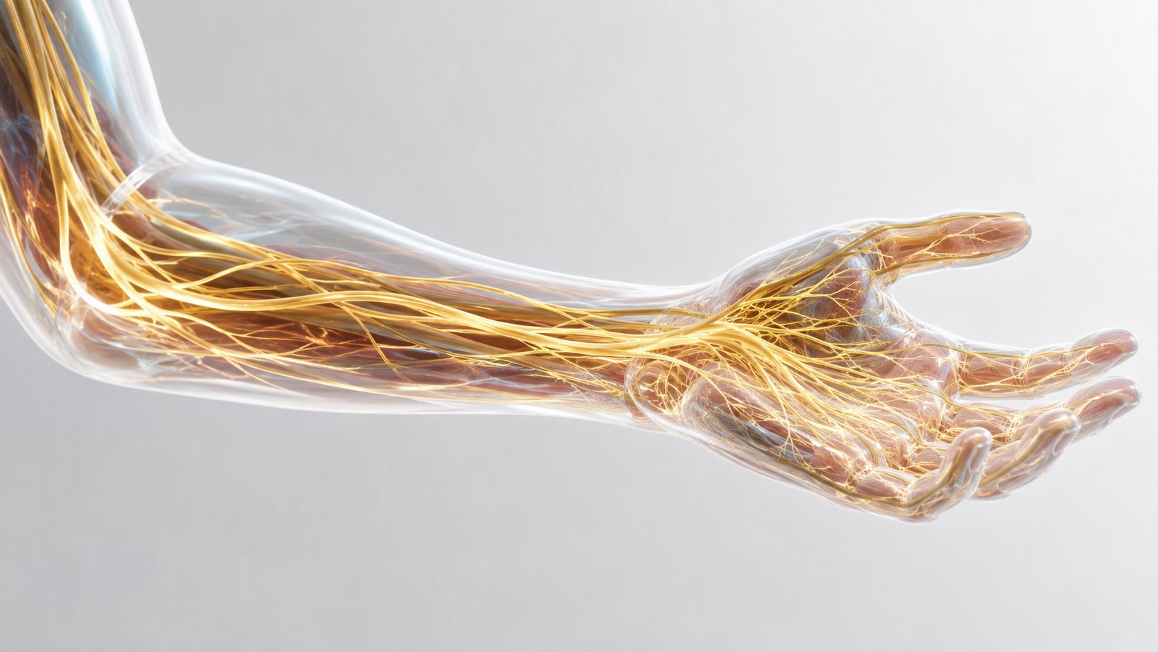 En detaljeret anatomisk illustration, der viser nervesystemet i en menneskelig arm og hånd i gennemsigtig stil.