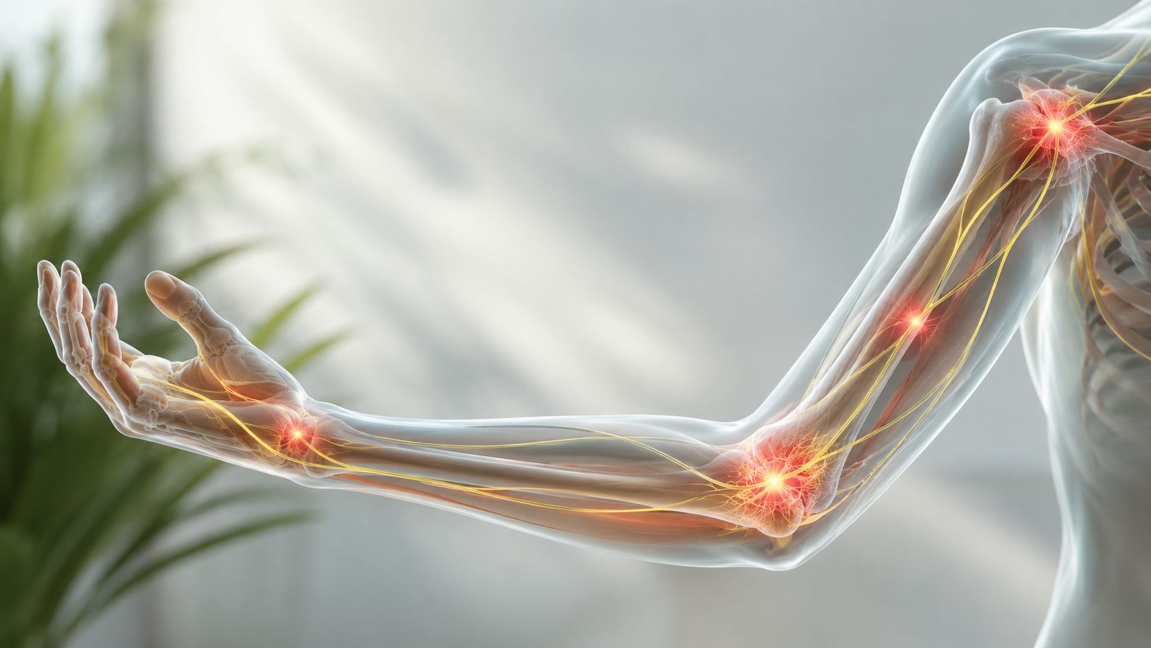 En medicinsk illustration af menneskets arm, der viser nerverne og smertepunkter i skulder, albue og håndled.