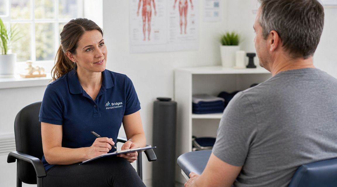 En kvindelig fysioterapeut taler med en mandlig patient under en konsultation på en klinik for fysioterapi.