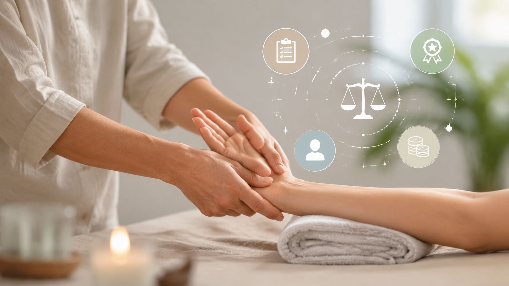 En fysioterapeut giver håndmassage til en klient, mens ikoner relateret til juridiske aspekter og balance svæver ovenover.
