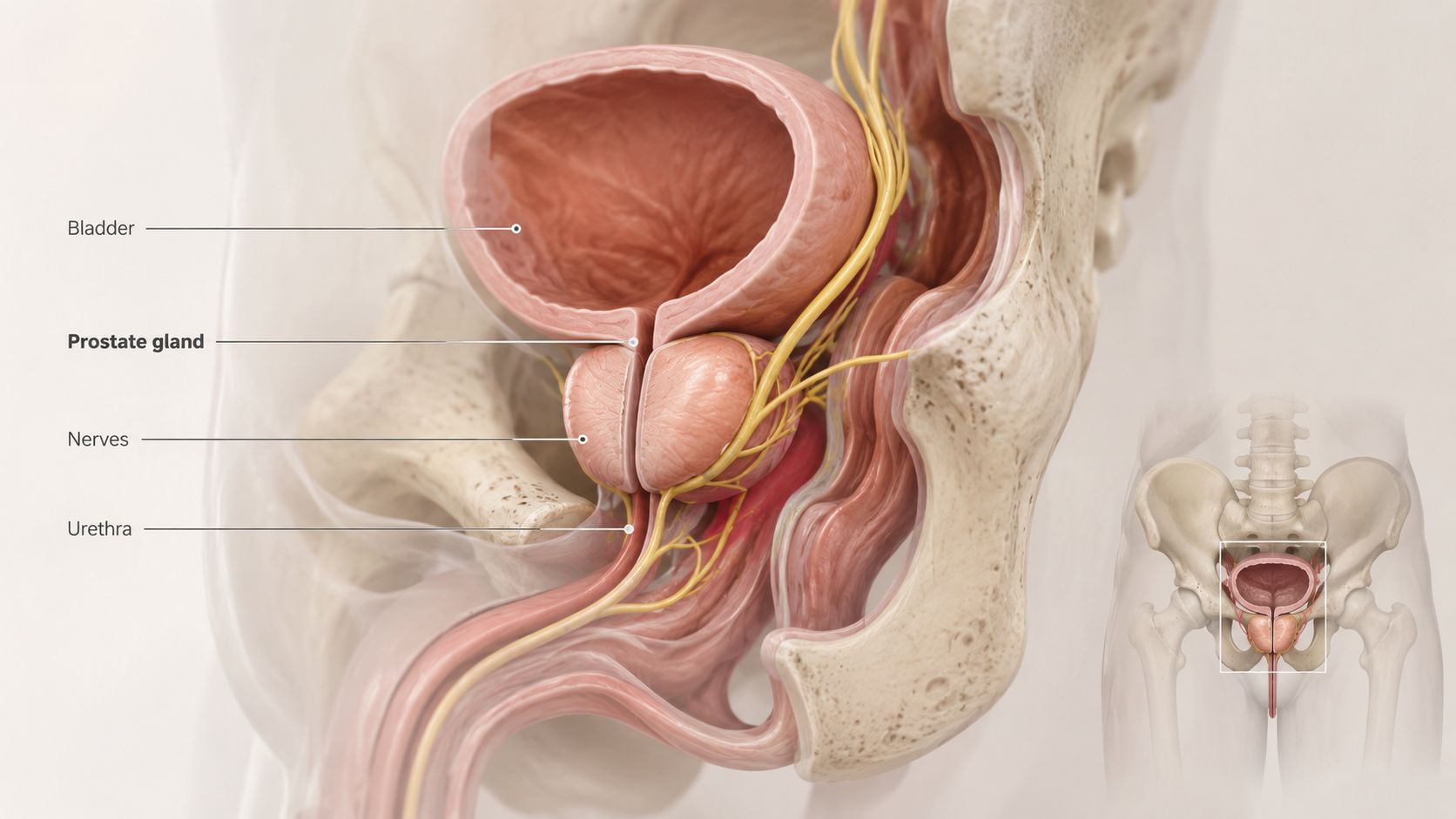 En anatomisk illustration af det mandlige bækken, der viser blæren, prostata, urethra og de omkringliggende nerver.
