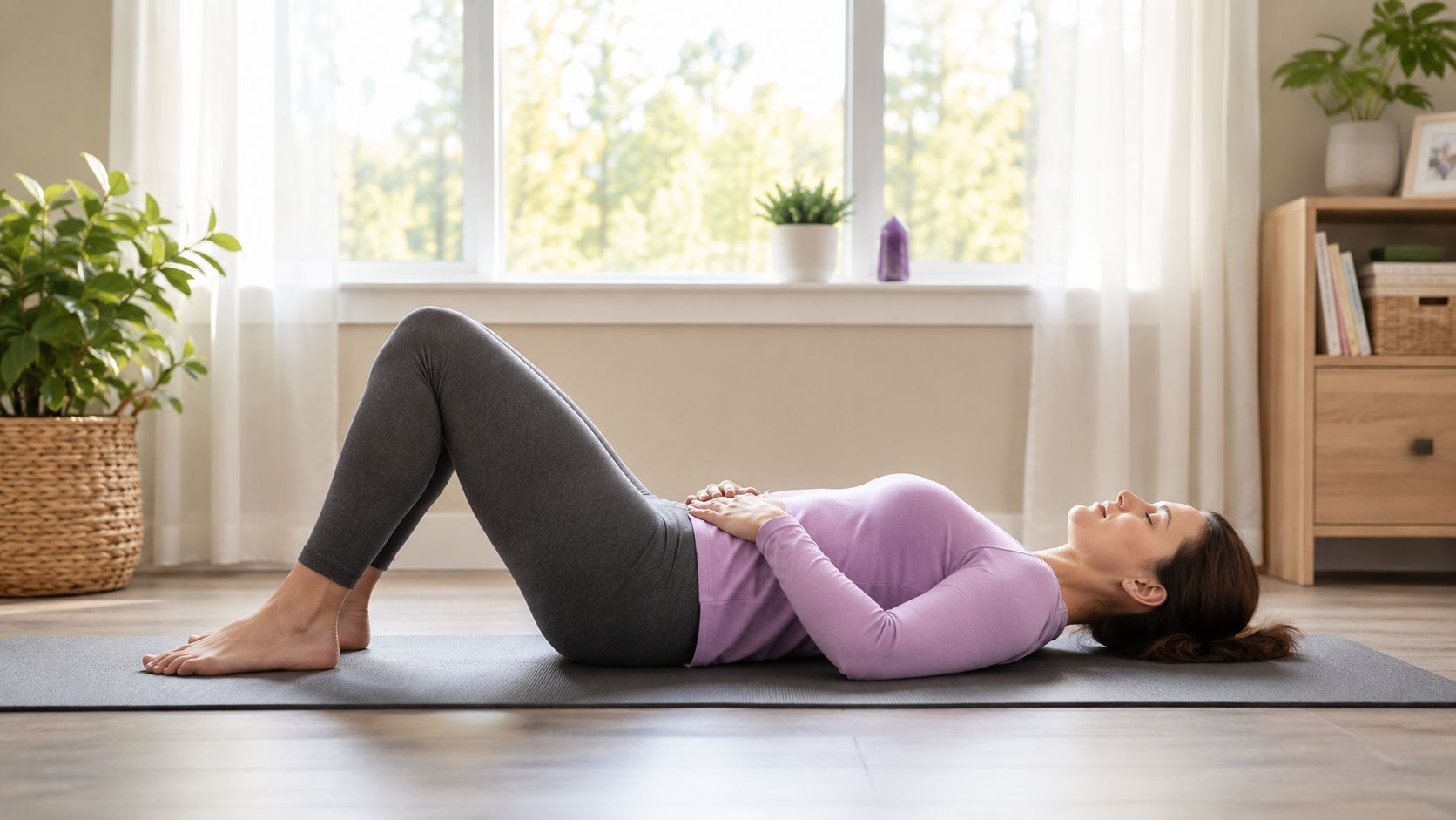 En kvinde ligger på en yogamåtte og laver afslappende vejrtrækningsøvelser for at forbedre sit mentale velvære