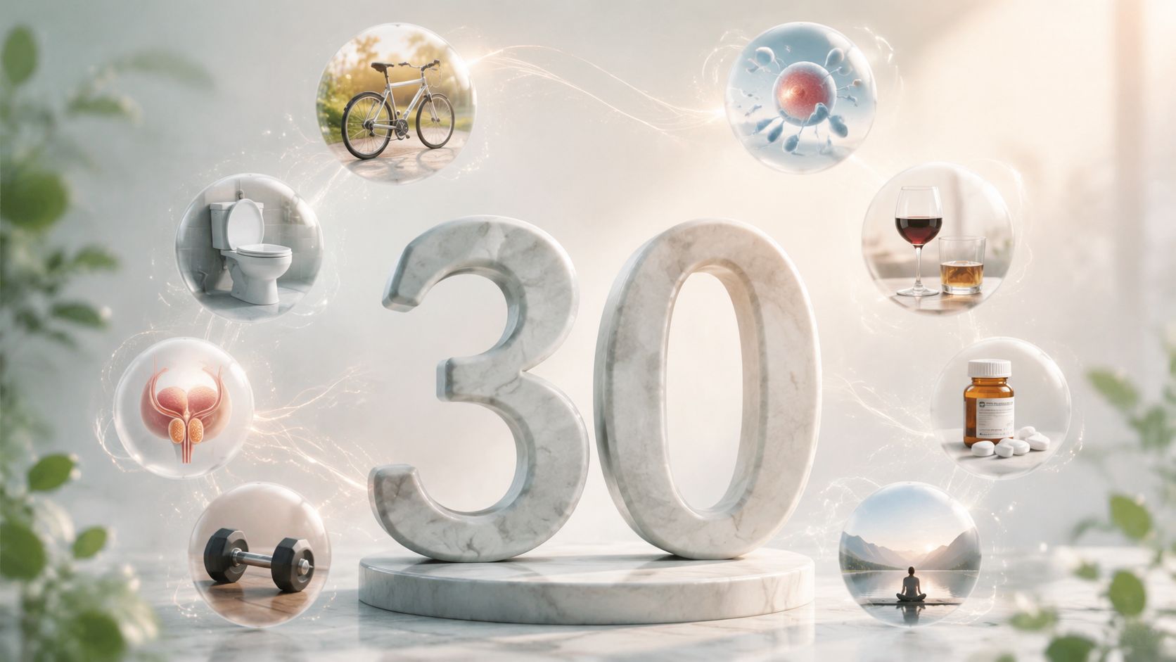 Illustration af tallet 30 omgivet af bobler med symboler for livsstil, sundhed og urologiske faktorer.