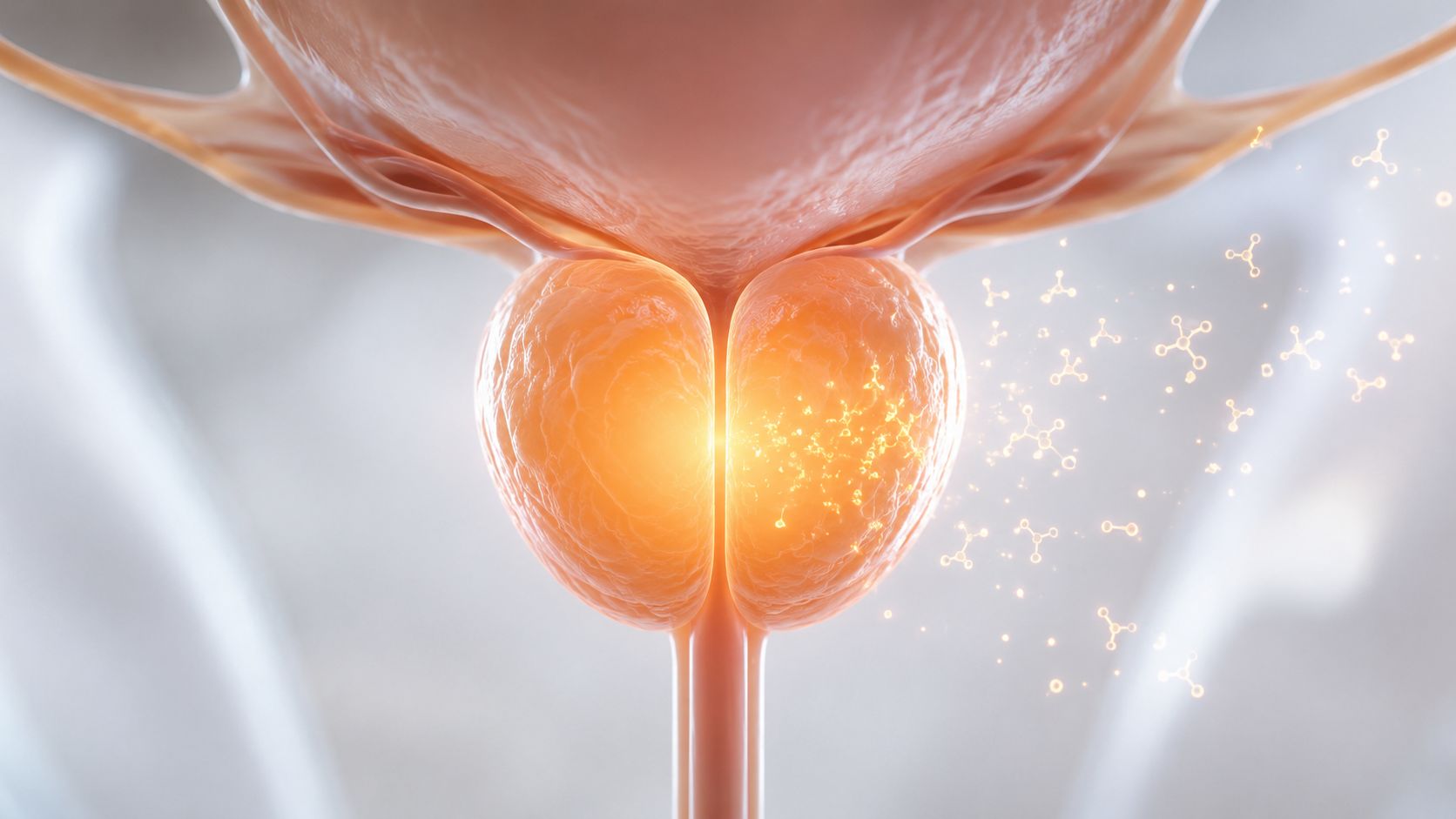 En medicinsk 3D-illustration af en menneskelig prostata med svævende molekyler, der illustrerer biologiske processer.