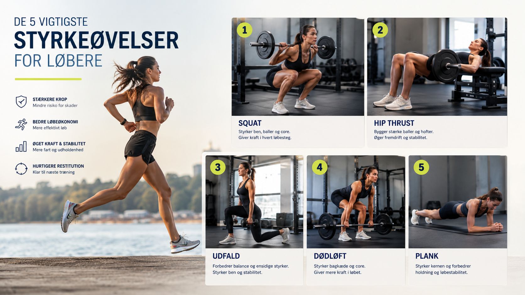 En infographic, der viser fem vigtige styrketræningsøvelser for løbere for at forbedre performance og mindske skader.