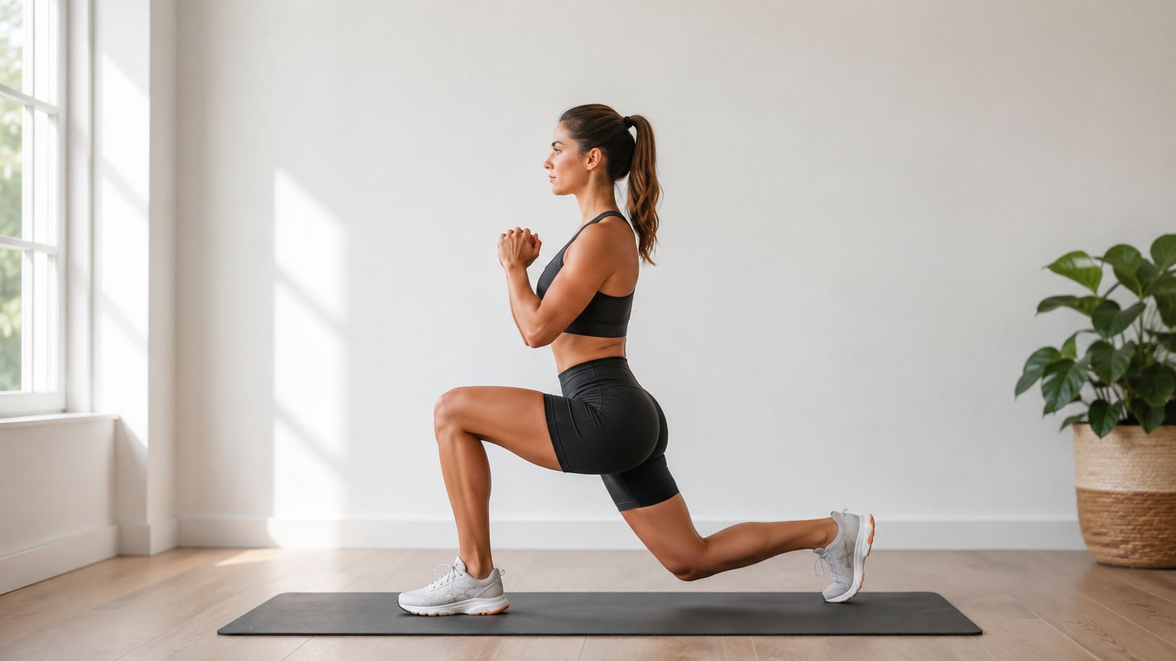 En atletisk kvinde udfører udfaldstrin på en yogamåtte i et lyst og moderne fitnessrum til hjemmetræning.