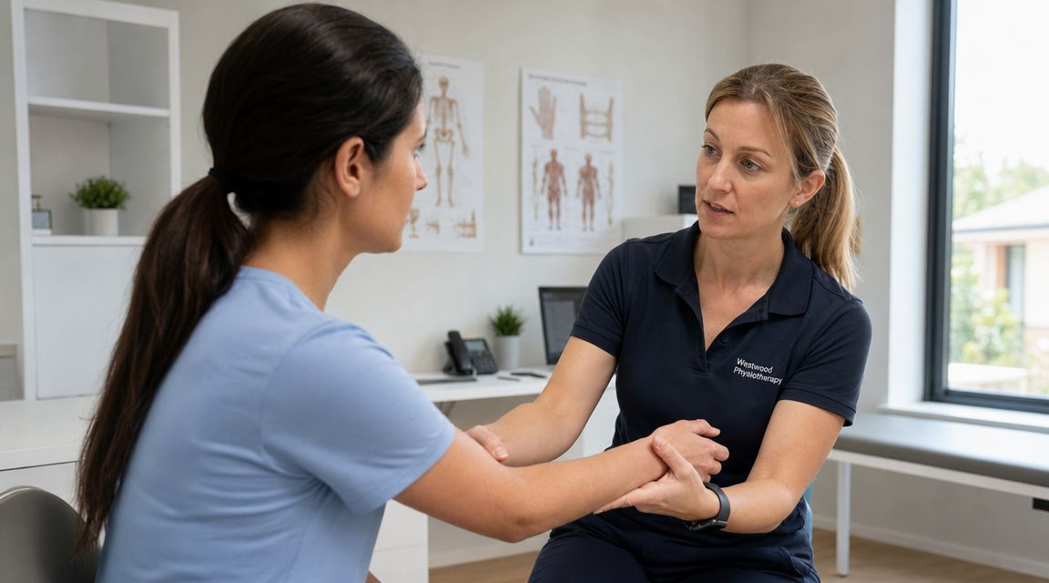 En fysioterapeut undersøger og behandler en kvindelig patients arm under en konsultation på en klinik.