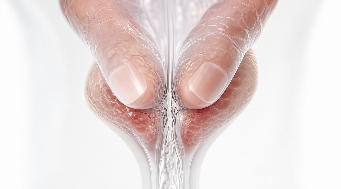 En medicinsk illustration der viser en forstørret prostata, som omslutter urinrøret og påvirker blæren og vandladningen.