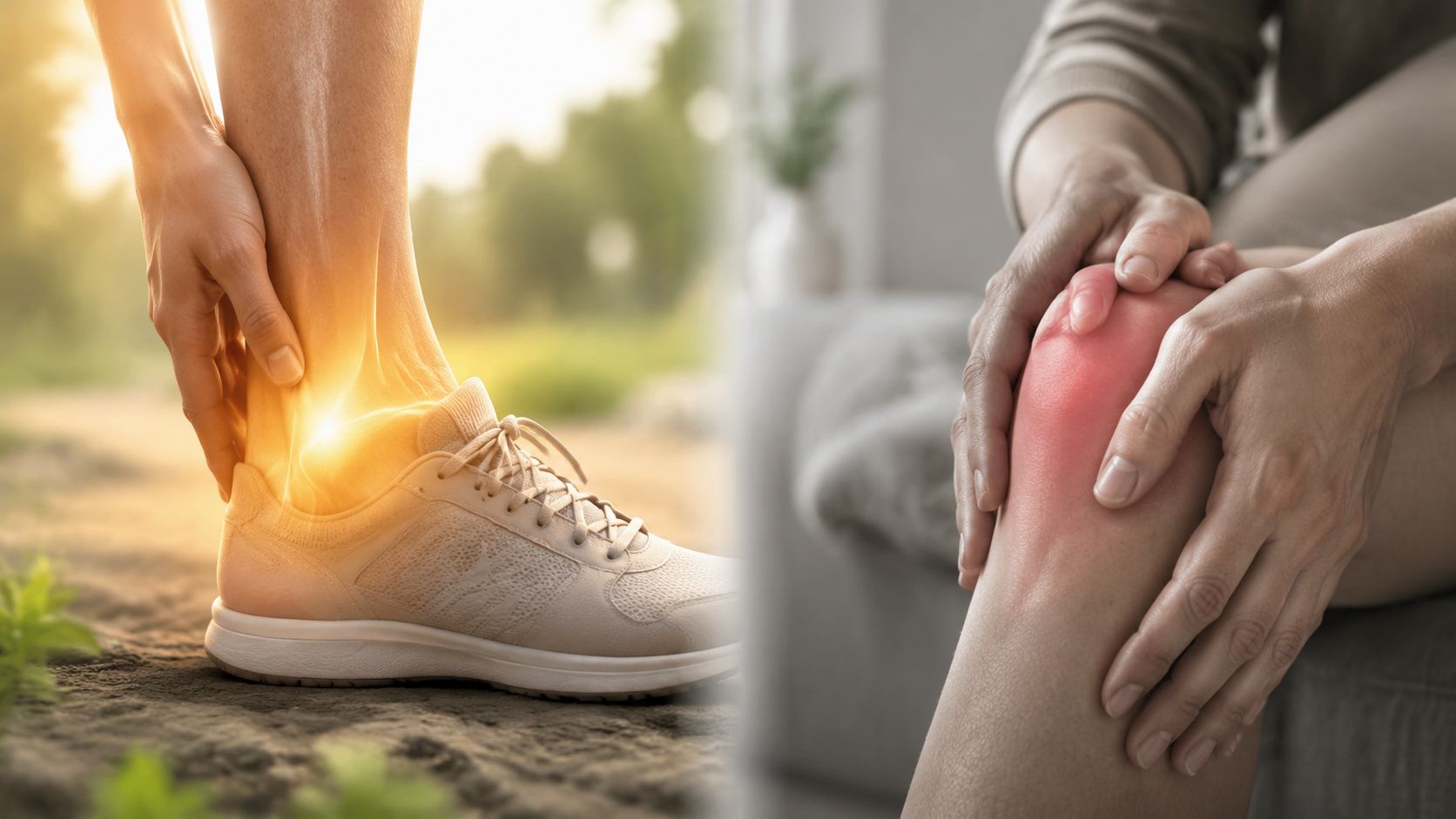En person, der holder om en hævet og betændt ankel og et smertefuldt knæ på grund af inflammation.