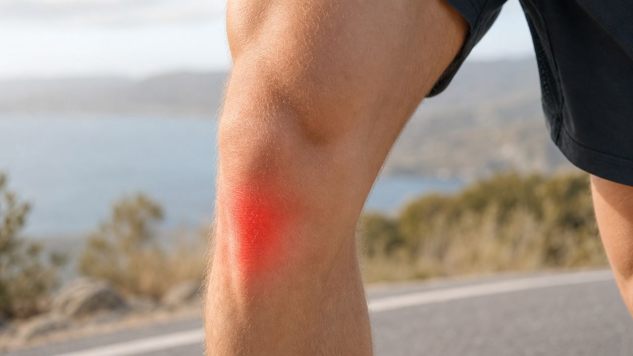En person, der løber udendørs, mærker en tydelig rød markering på knæet, hvilket symboliserer smerte og inflammation.