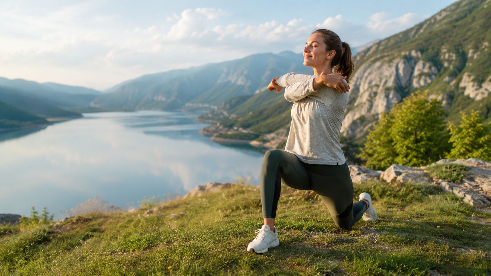 En kvinde der strækker sig udendørs i en naturskøn kulisse med bjerge og en sø i baggrunden.
