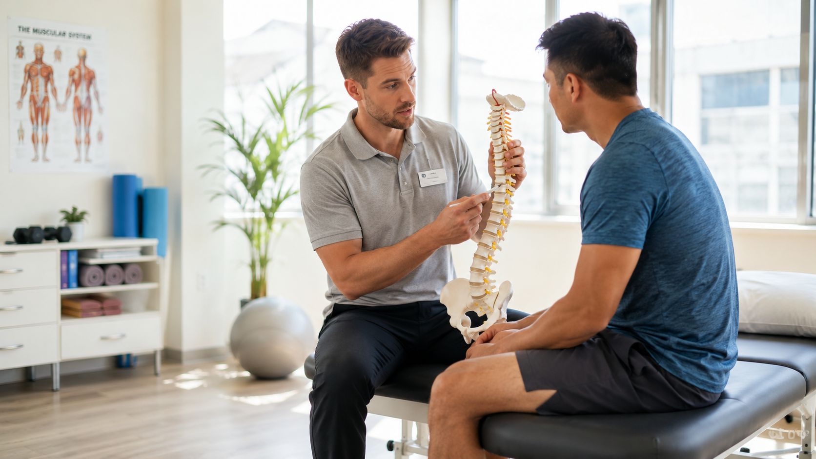 En fysioterapeut forklarer en patient om rygsøjlens anatomi ved hjælp af en anatomisk model af en rygsøjle.