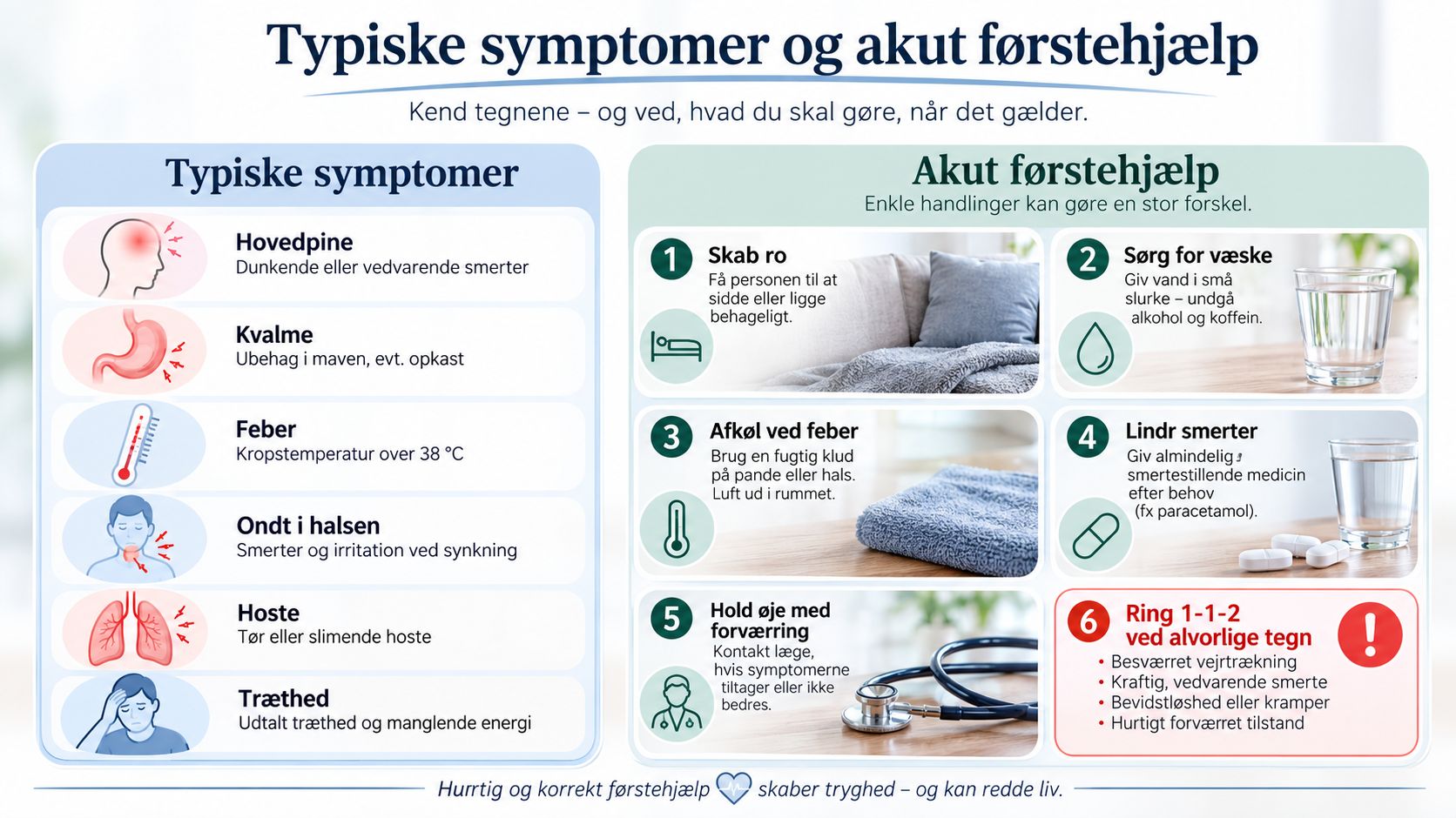 Infografik med oversigt over typiske symptomer som hovedpine og feber samt gode råd til akut førstehjælp.