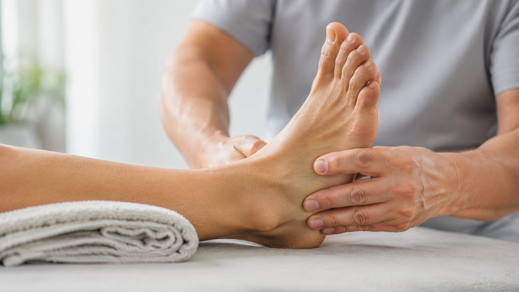 En fysioterapeut giver en afslappende fodmassage til en patient, der ligger på en briks i klinikken.