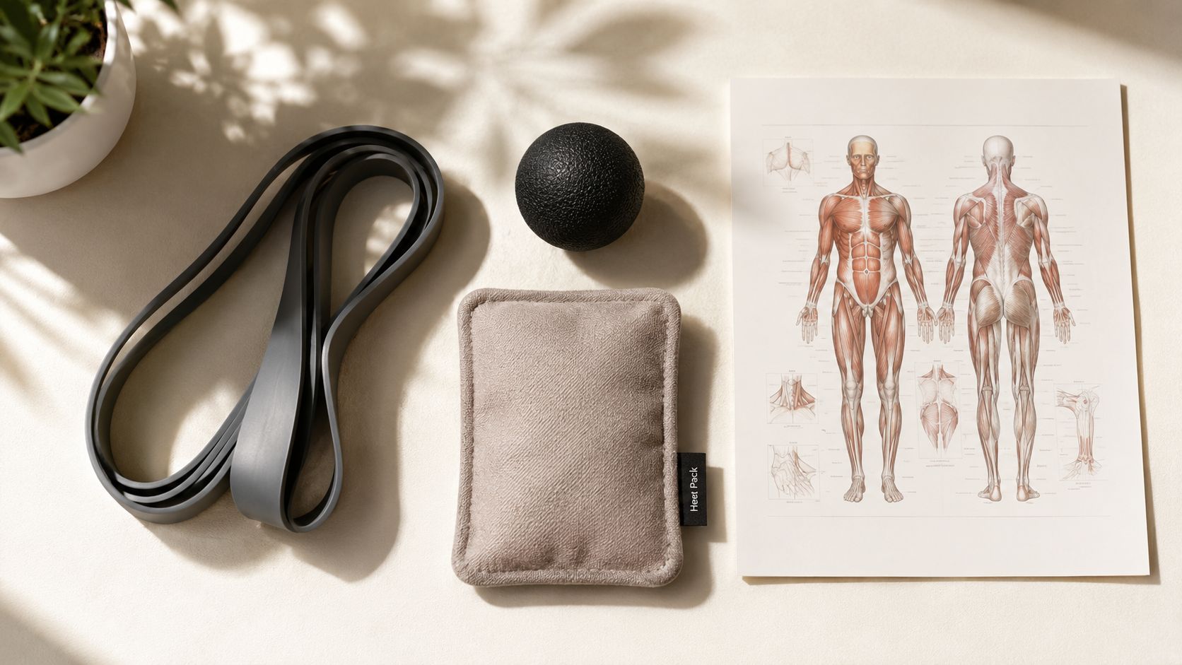 En fladlay-visning af træningsudstyr, en massagebold, en varmepude og en anatomisk plakat til konservativ behandling.