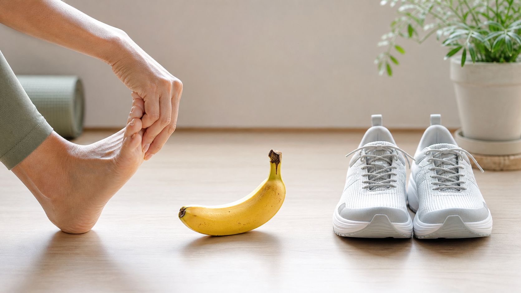 En person sidder og masserer sin fod, mens en banan og løbesko står på gulvet ved siden.