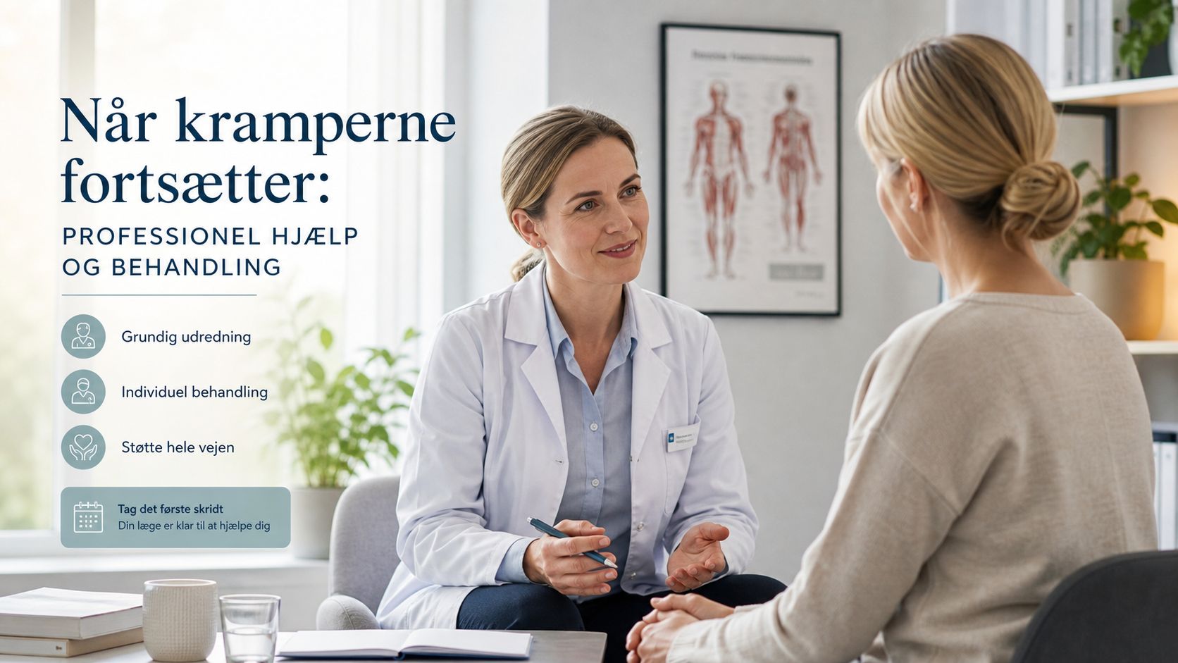 En læge sidder i samtale med en patient på et kontor for at diskutere behandling af kramper.