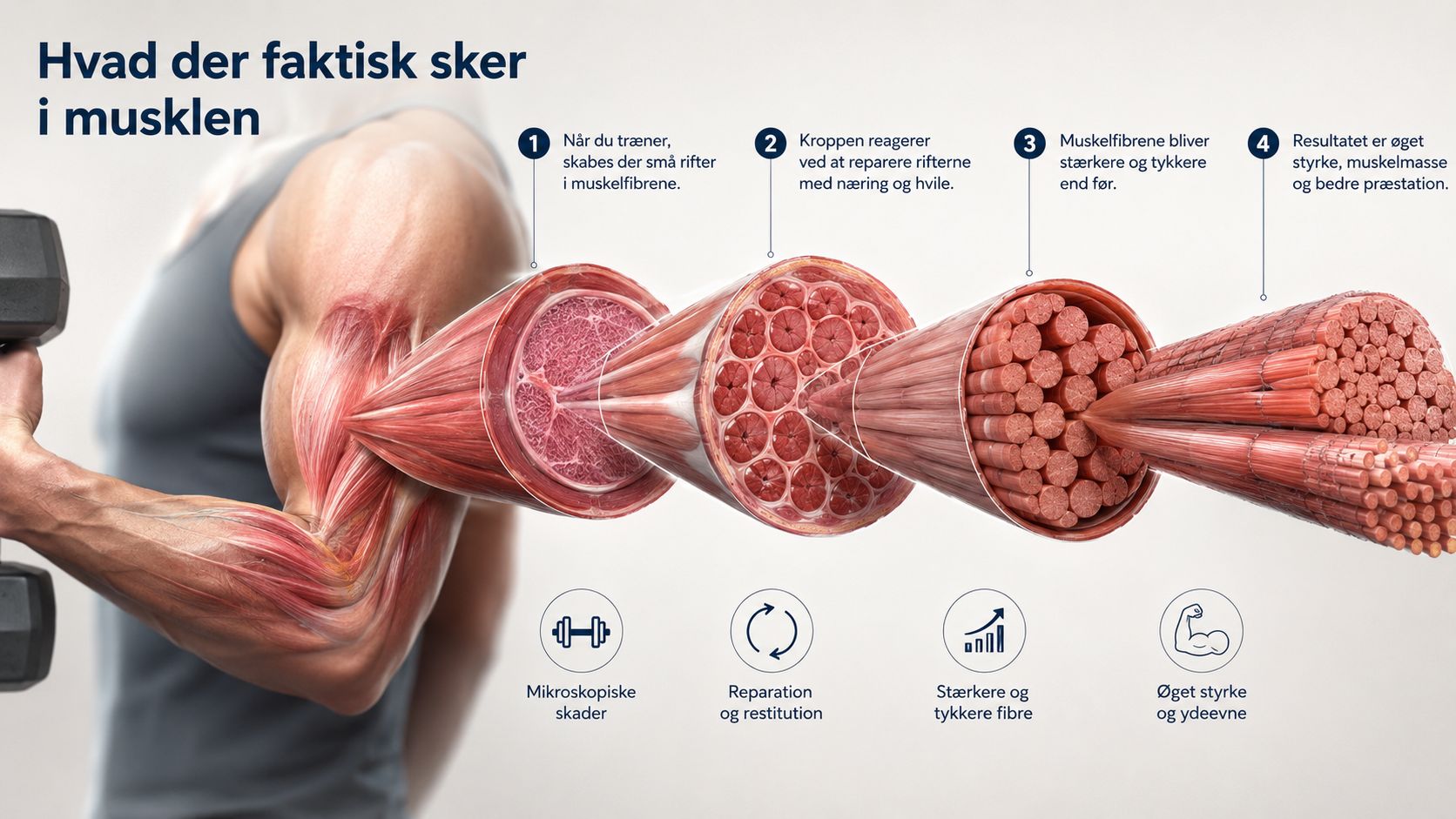 Illustration der viser de biologiske processer i muskelvæv under styrketræning, fra mikroskopiske skader til muskelvækst.