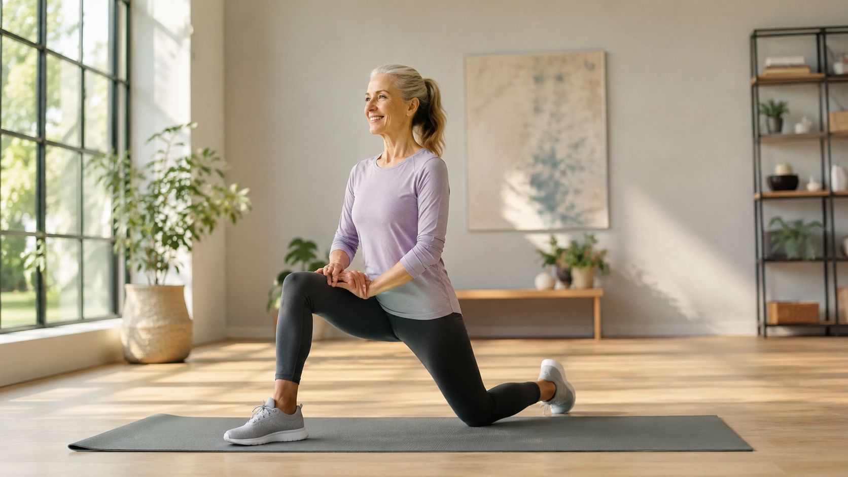 En glad ældre kvinde udfører et udfaldsskridt på en yogamåtte i en lys stue for sunde led.
