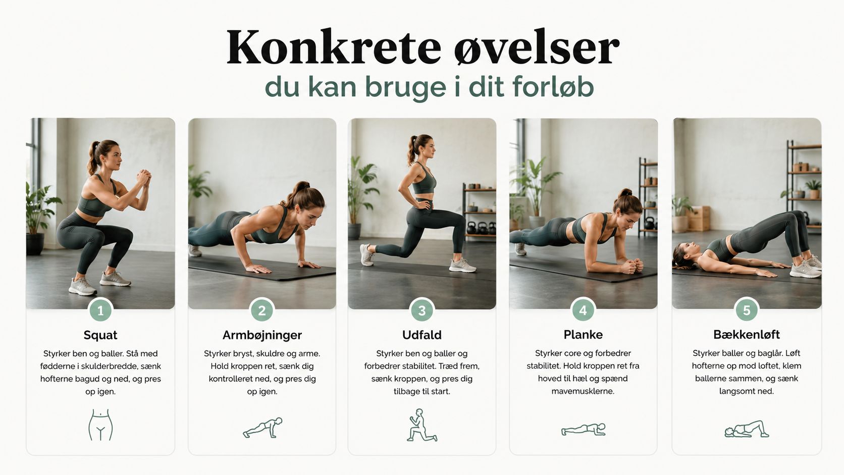 En oversigt med fem effektive øvelser til at styrke ben, baller og core under træningsforløb.