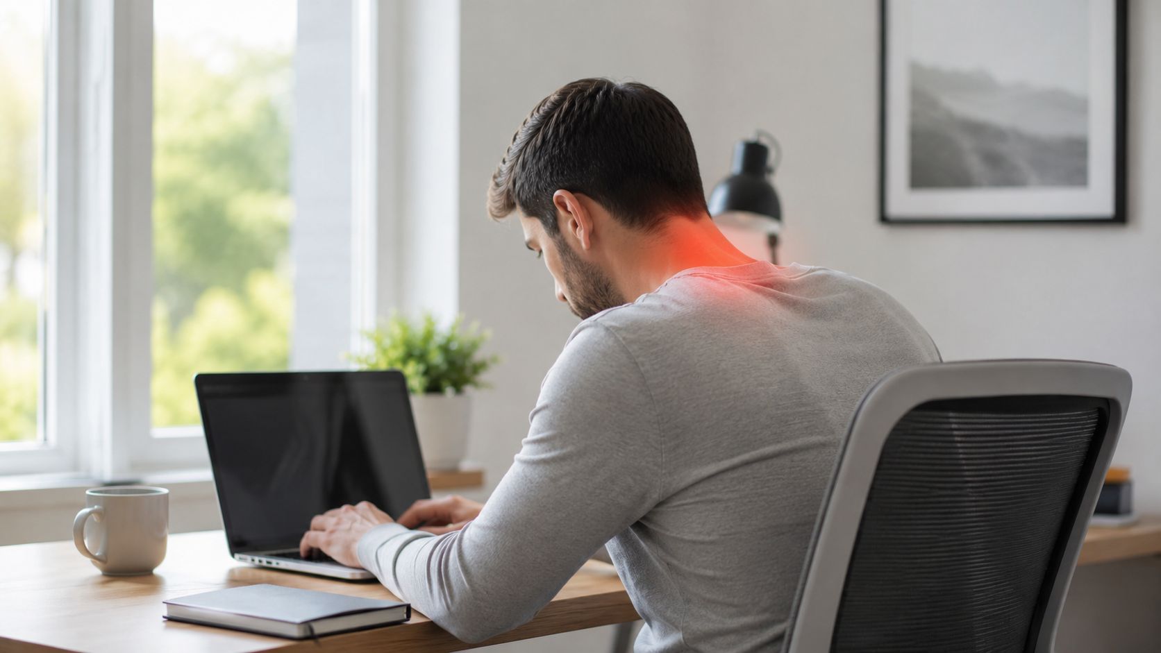 En mand sidder ved et skrivebord med bærbar computer og lider af smerter i nakken