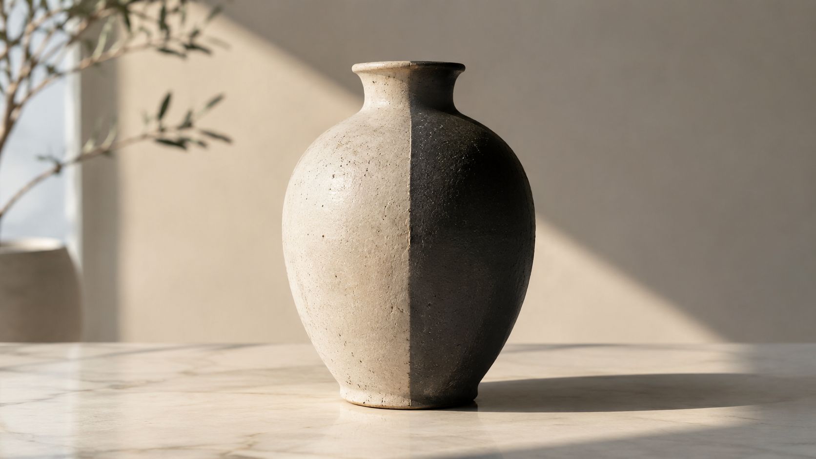 En elegant todelt vase i beige og sort keramik placeret på et lyst marmorbord i dagslys.