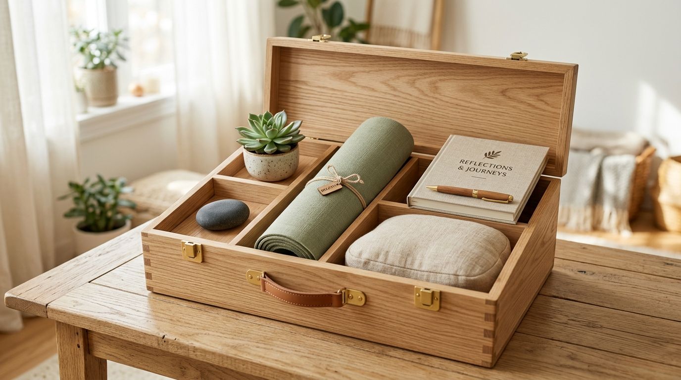 En trækasse med wellness-artikler, herunder en notesbog, en yogamåtte, en sten og en lille sukkulent plante.