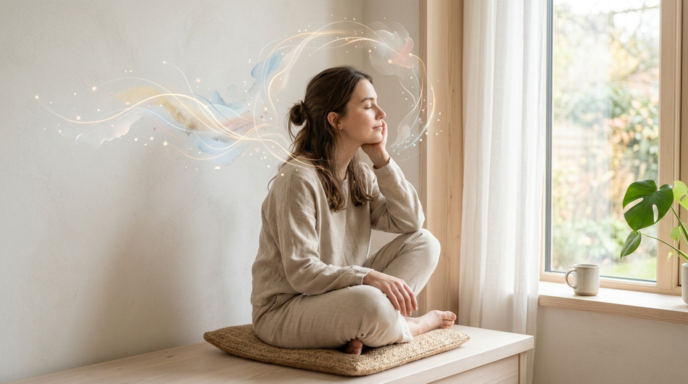 En kvinde i rolig stilling sidder på en pude og praktiserer ikke-farmakologisk smertebehandling gennem meditation ved et vindue.