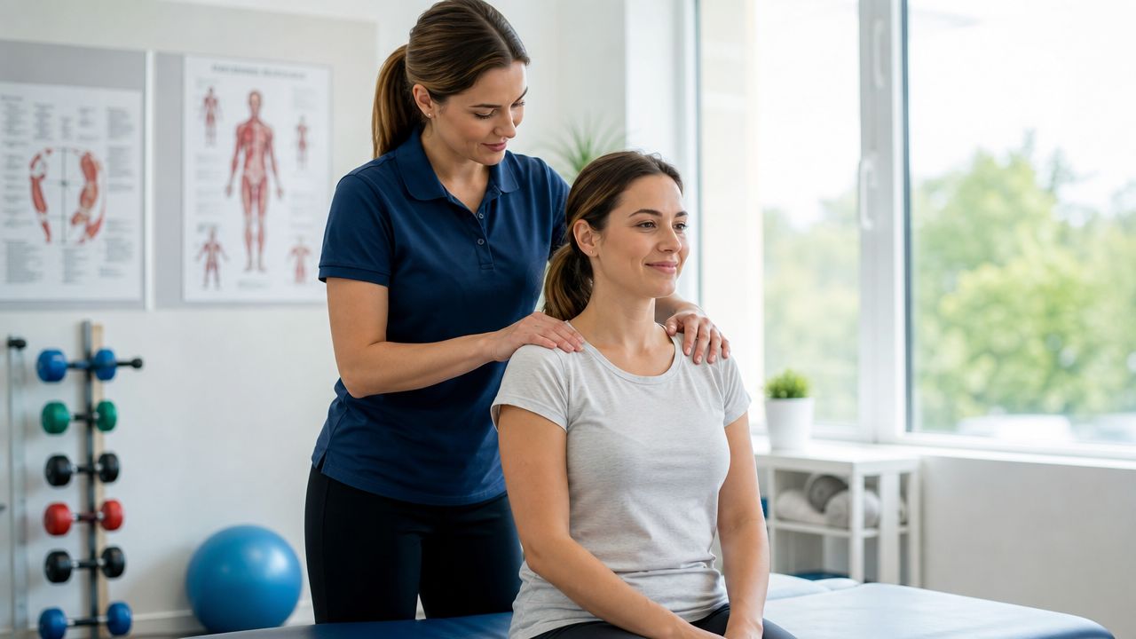 En fysioterapeut giver skulderbehandling til en kvinde i et lyst kliniklokale med fokus på sundhed.