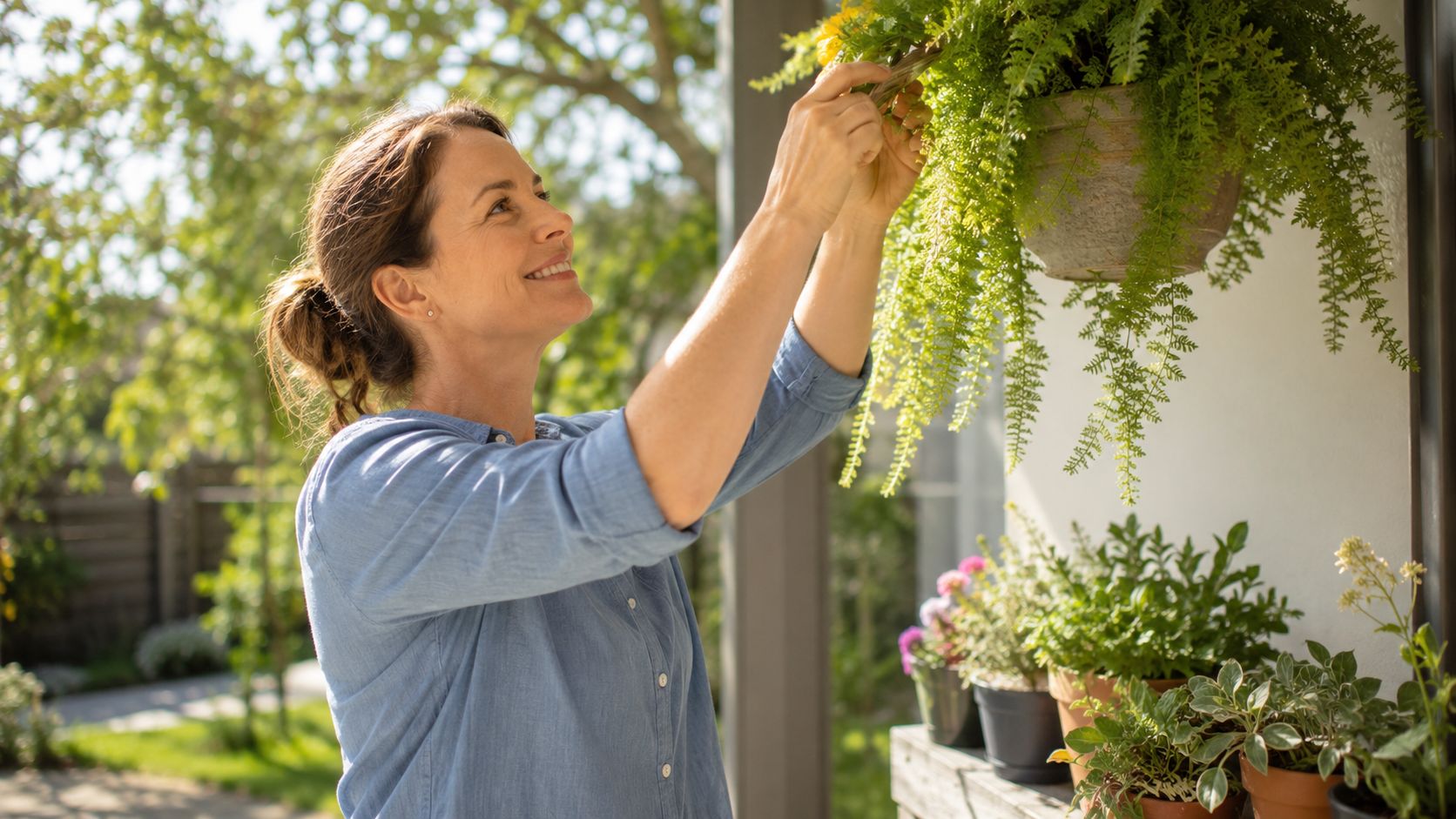 En smilende kvinde rækker op og plejer en hængende plante på en solrig terrasse udendørs.