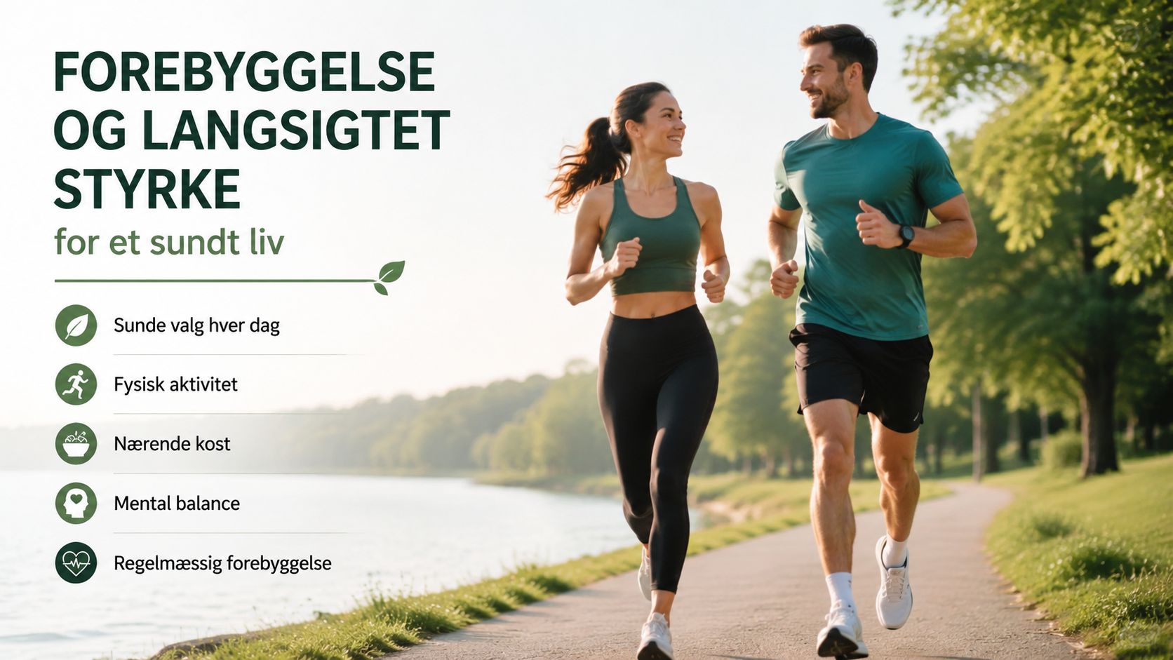 Et par der løber en tur langs vandet som symbol på sund livsstil og forebyggelse af sygdom.