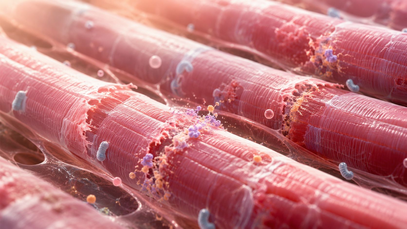 Tæt visning af muskelvæv under mikroskop, der illustrerer betændelse, skader på muskelfibre og cellulær nedbrydning i kroppen.