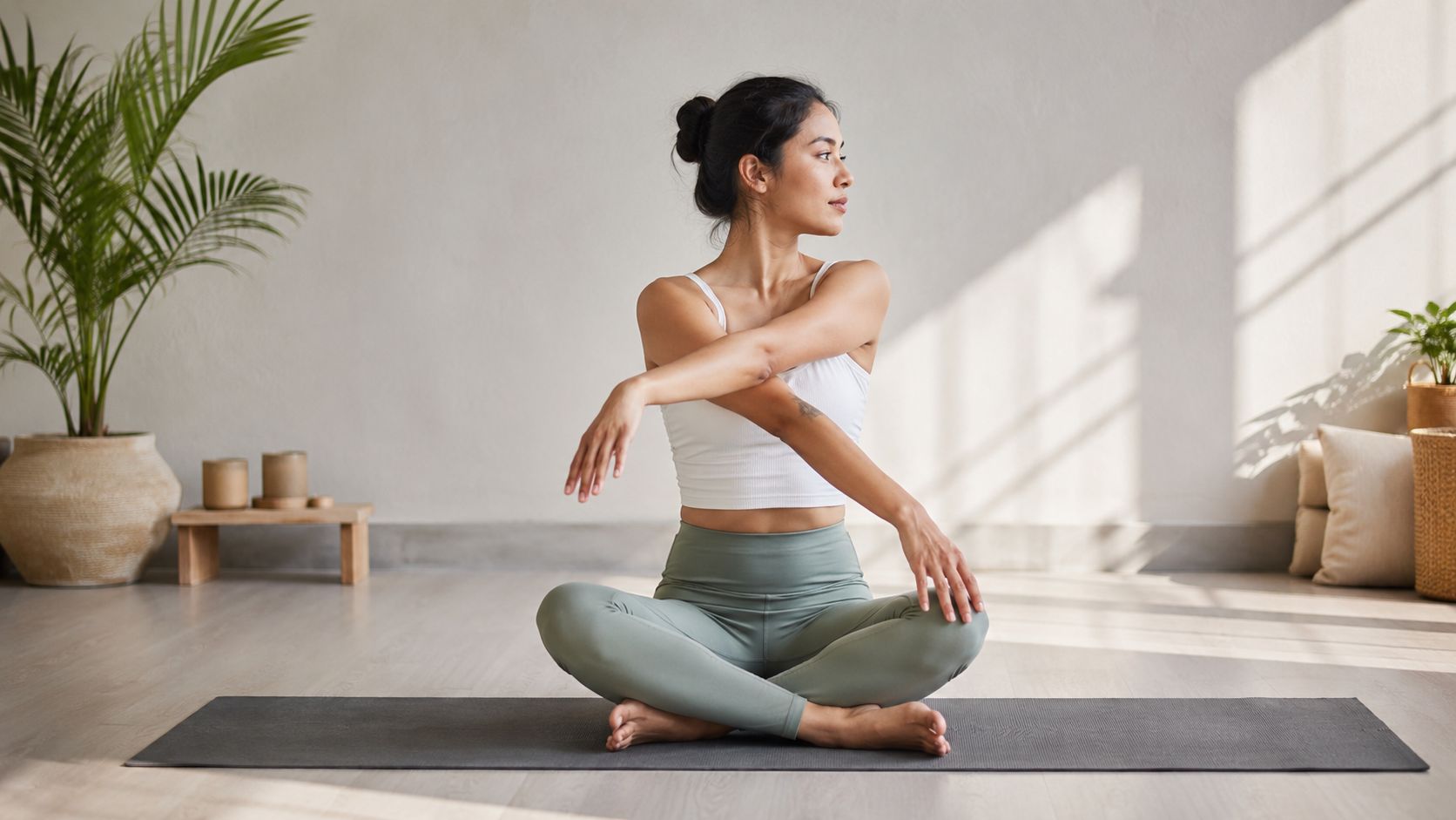 En kvinde sidder på en yogamåtte og laver en strækøvelse for armene for at afhjælpe ømme muskler.