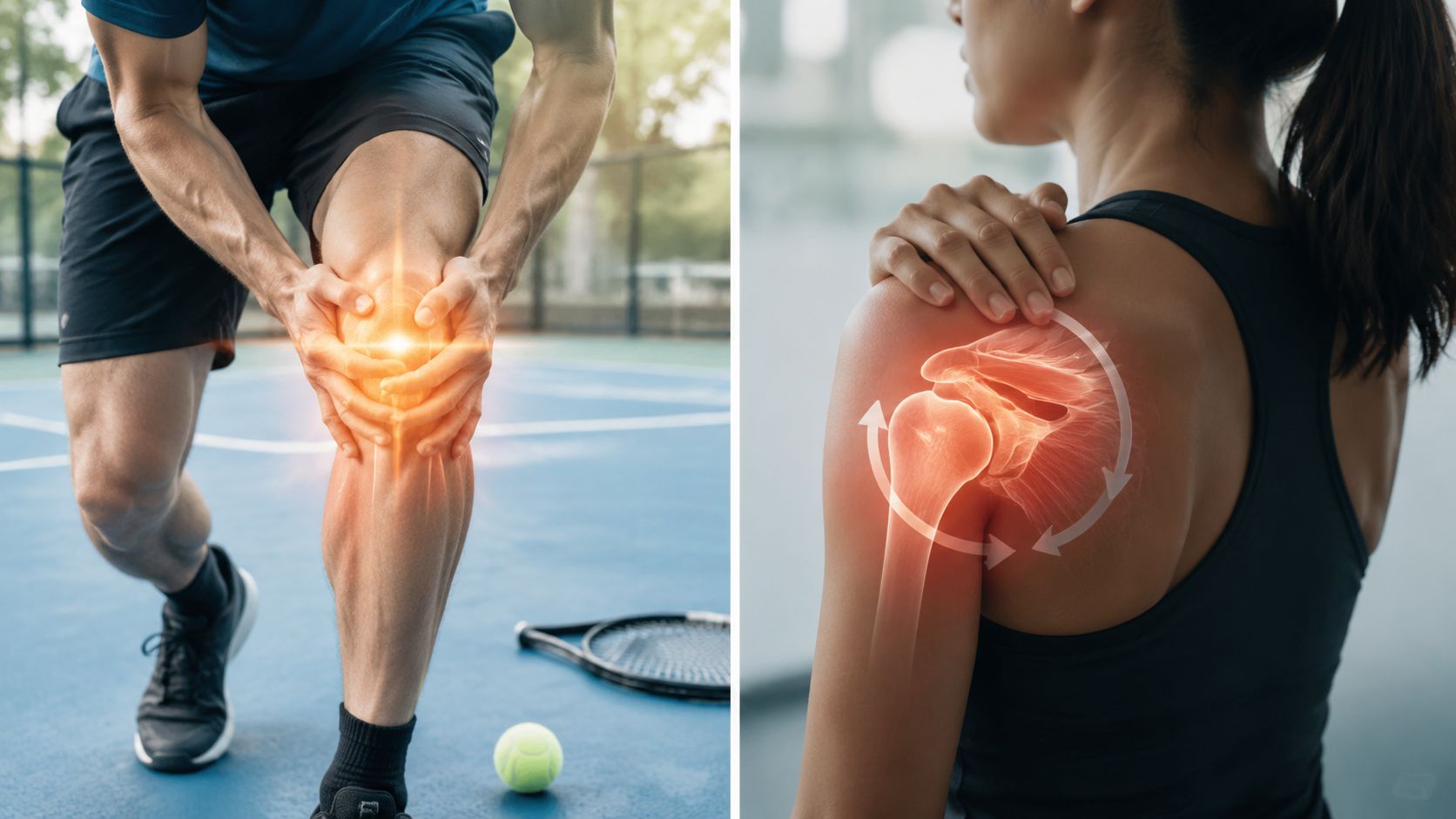 En person holder sig til det smertende knæ på en tennisbane og en anden med skuldersmerter.