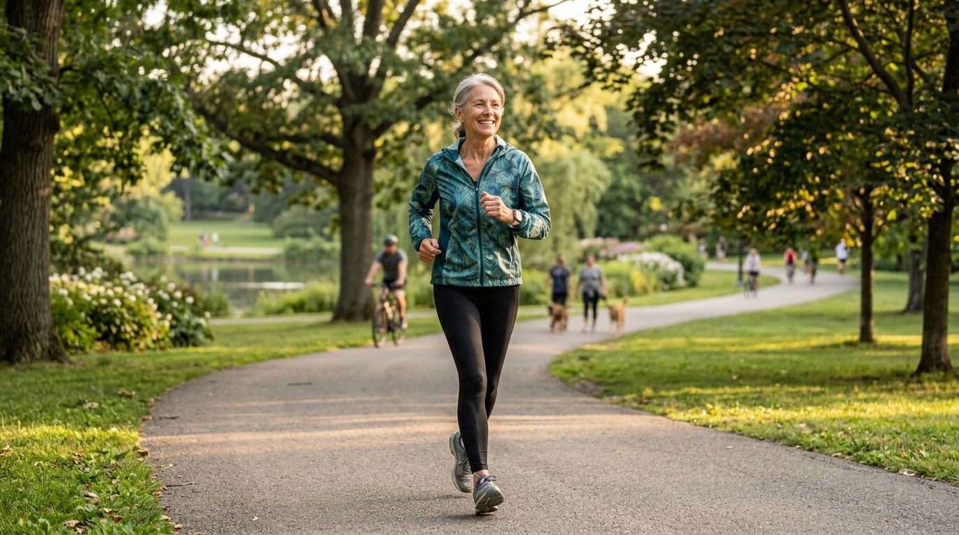 En glad ældre kvinde løber en tur på en asfalteret sti i en solskinsfyldt park.