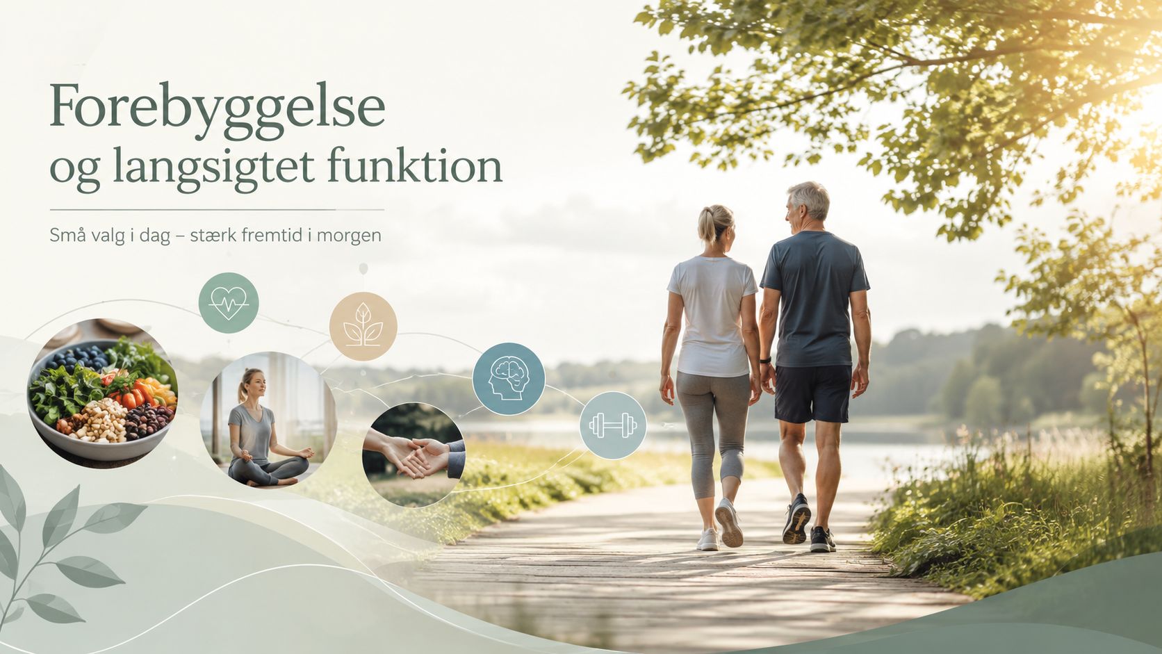 Et modent par går på en sti i naturen, hvilket symboliserer forebyggelse, sundhed og en aktiv livsstil.