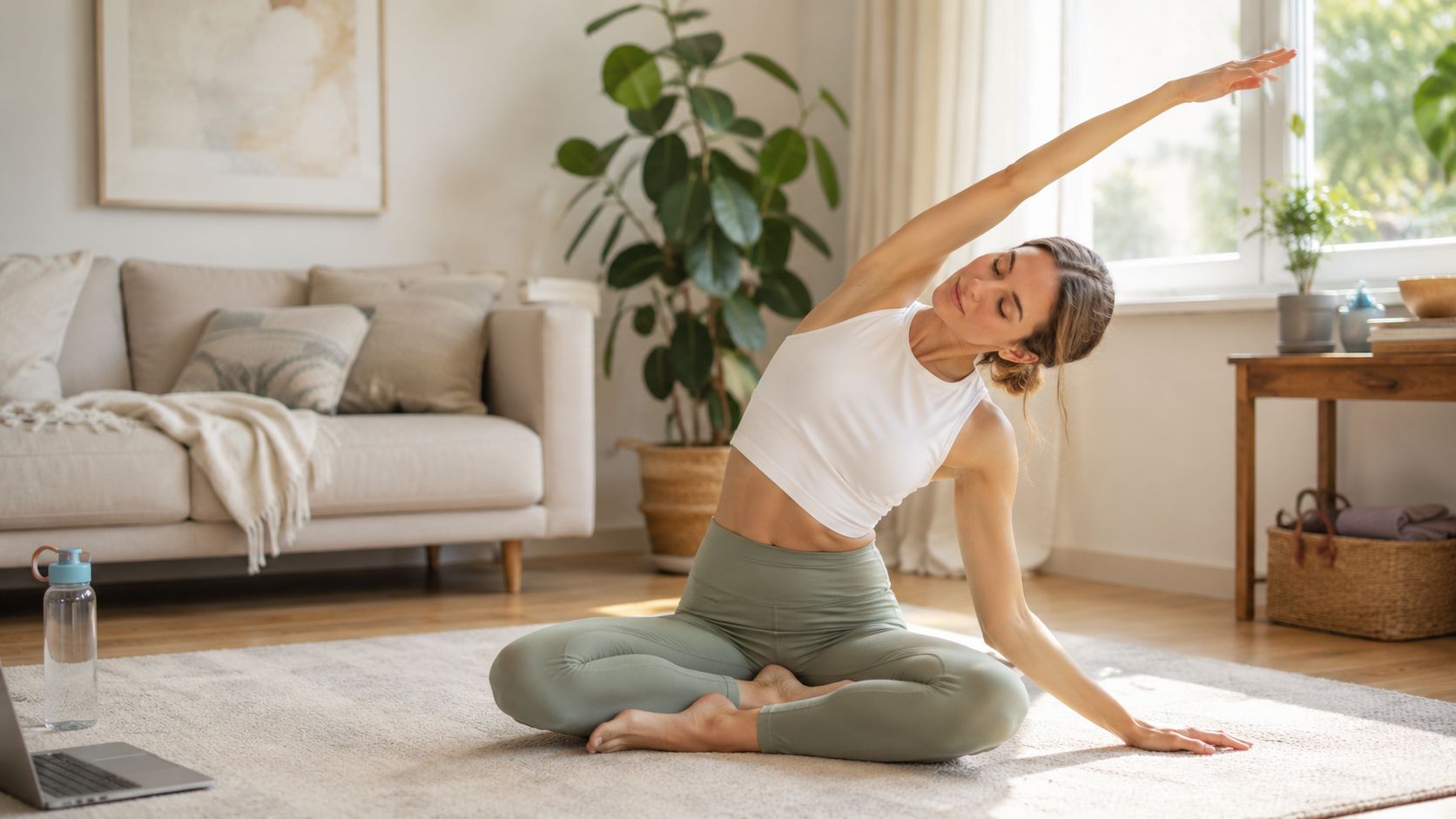 En kvinde praktiserer yoga og strækøvelser derhjemme for at forbedre sin kropsbevægelighed og fysiske sundhed.