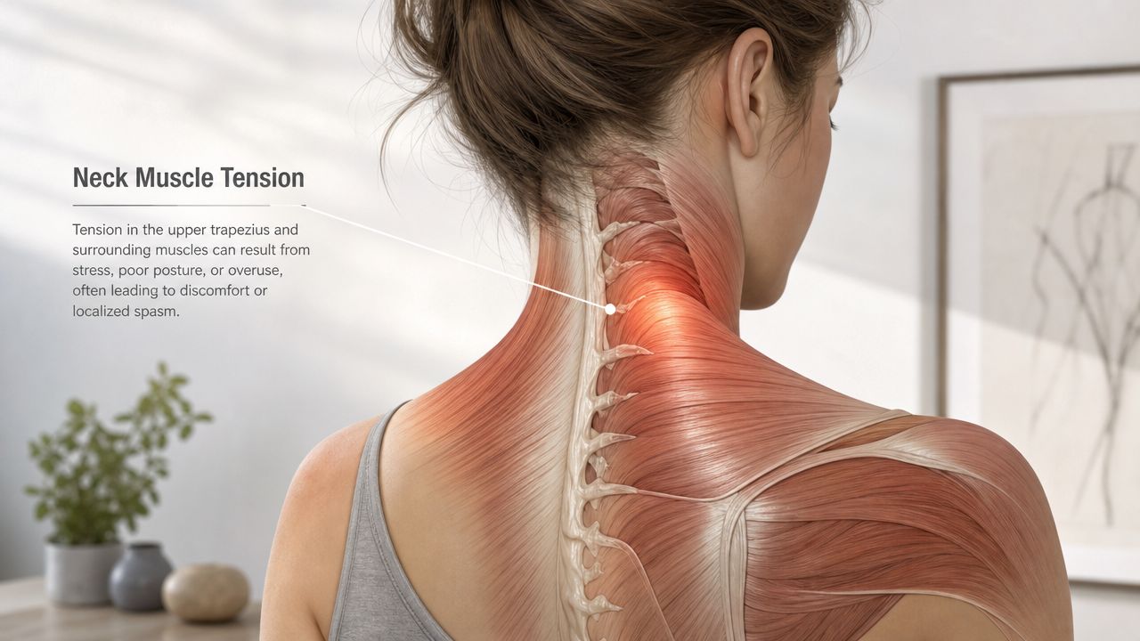 En anatomisk illustration, der viser muskelspændinger og smerte i den øverste del af nakken og skuldrene.