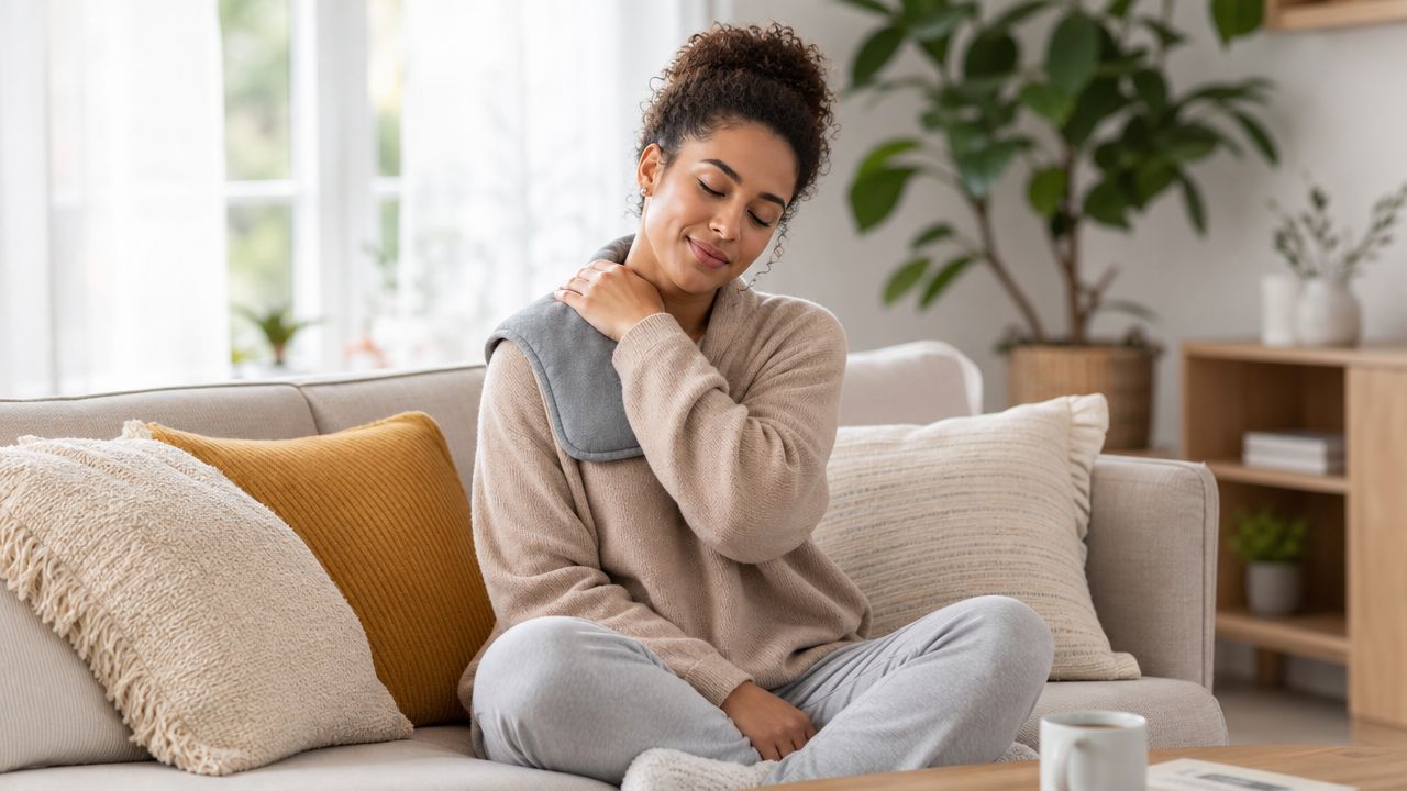 En smilende kvinde sidder i en sofa og bruger en varmepude til lindring af nakke og skuldre.