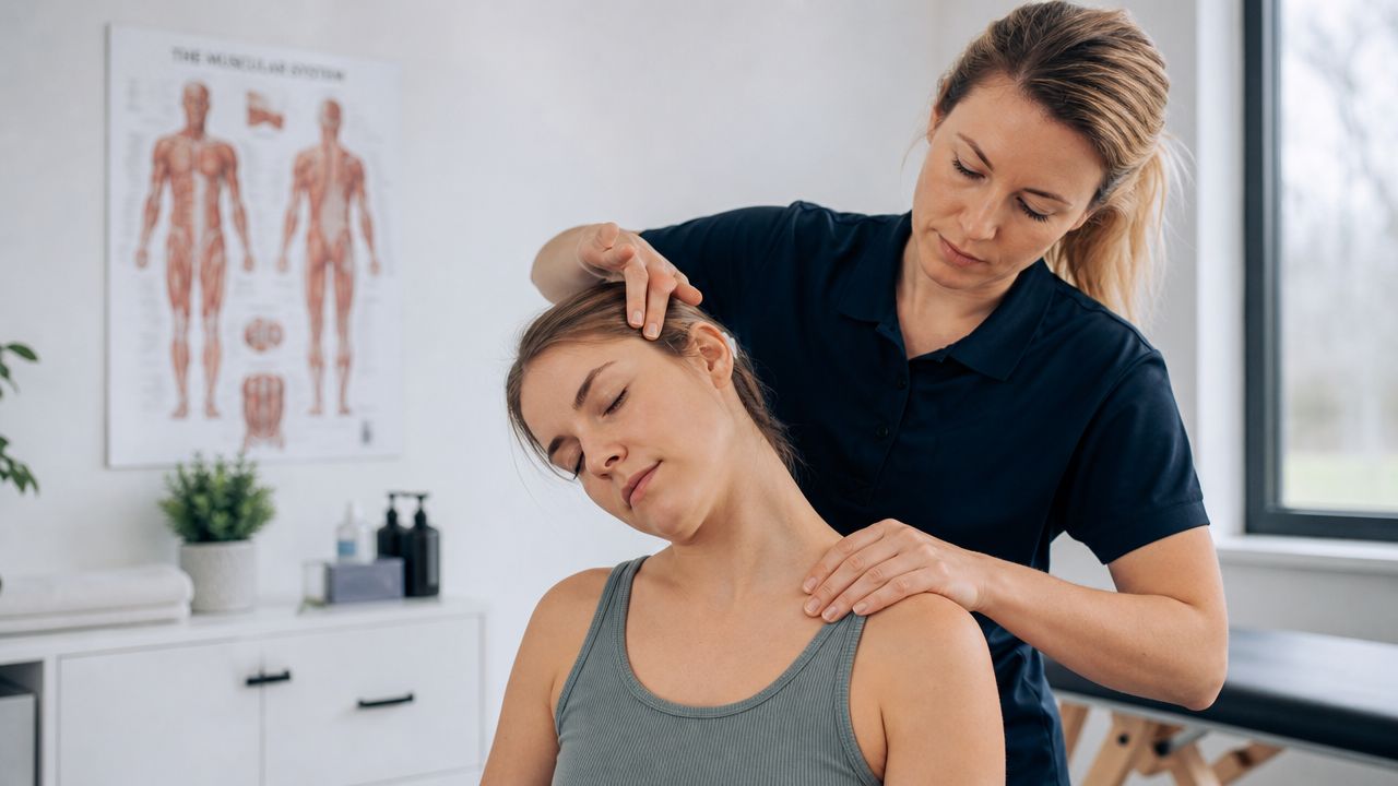 En fysioterapeut giver nakkemassage til en kvinde for at lindre spændinger i nakken og skuldrene.